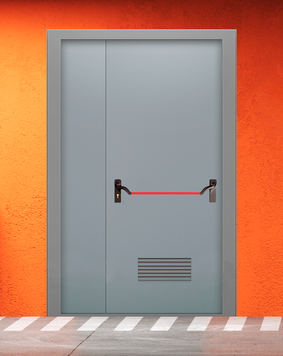 Противопожарная полуторная серая дверь EI 60 (2-го типа) без доводчика с ручкой антипаника, прямоугольной решеткой