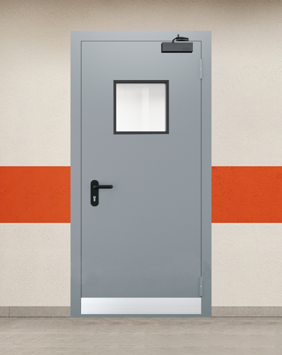 Противопожарная однопольная серая дверь EI 45 с квадратным окном, узким отбойником