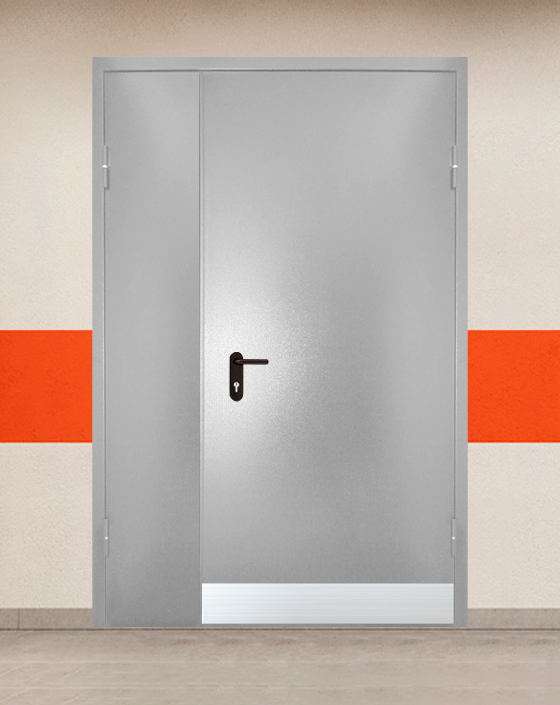 Противопожарная полуторная серая дверь порошковым напылением EIS 45 без доводчика с узким отбойником