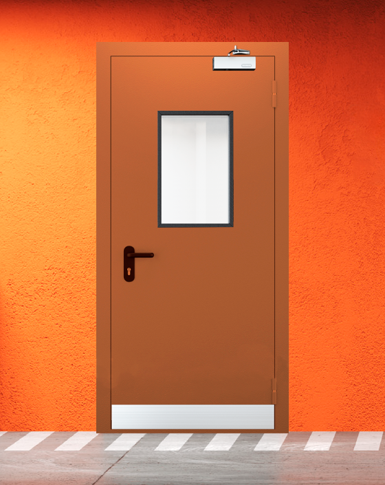 Противопожарная однопольная коричневая дверь EI 60 (2-го типа) с прямоугольным окном, узким отбойником