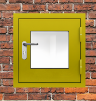 Люк металлический желтый с окном и блестящей ручкой
