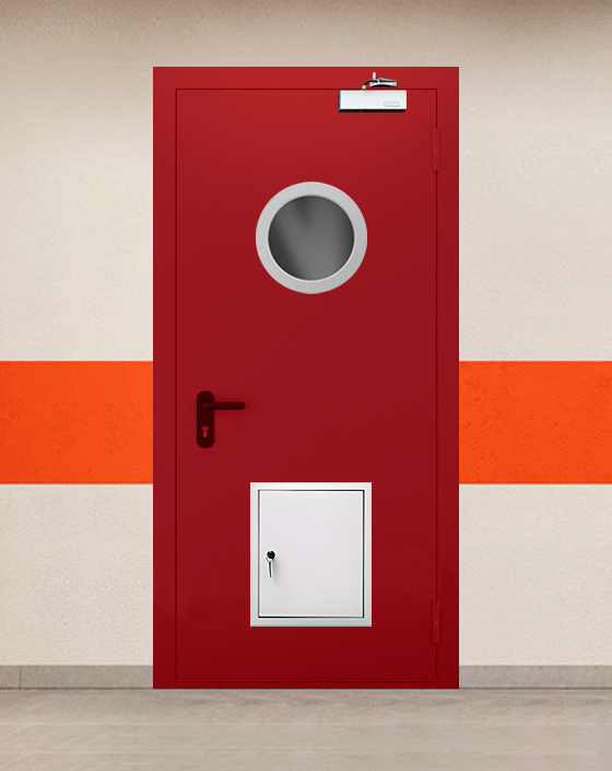 Противопожарная однопольная красная дверь EIW 45 с круглым окном, стыковочным узлом