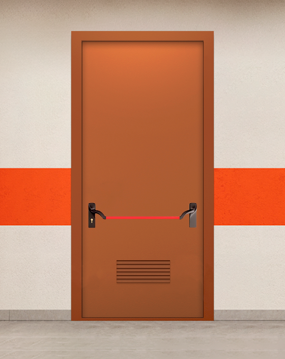 Противопожарная однопольная коричневая дверь EIW 60 без доводчика с ручкой антипаника, прямоугольной решеткой