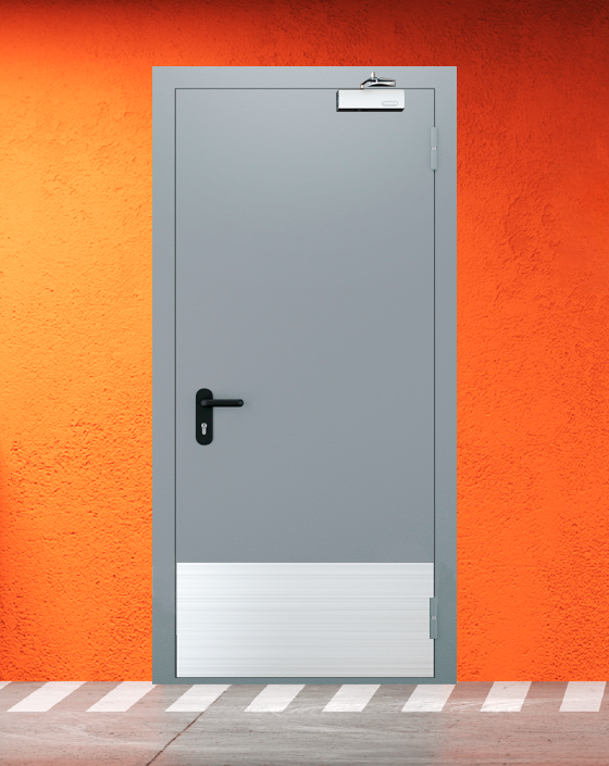 Противопожарная однопольная серая дверь EI 30 (3-го типа) с широким отбойником