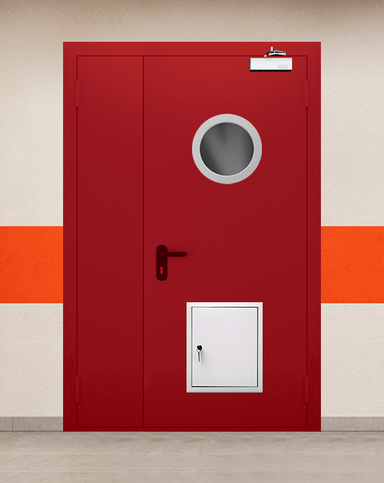 Противопожарная полуторная красная дверь EI 60 (2-го типа) с круглым окном, стыковочным узлом