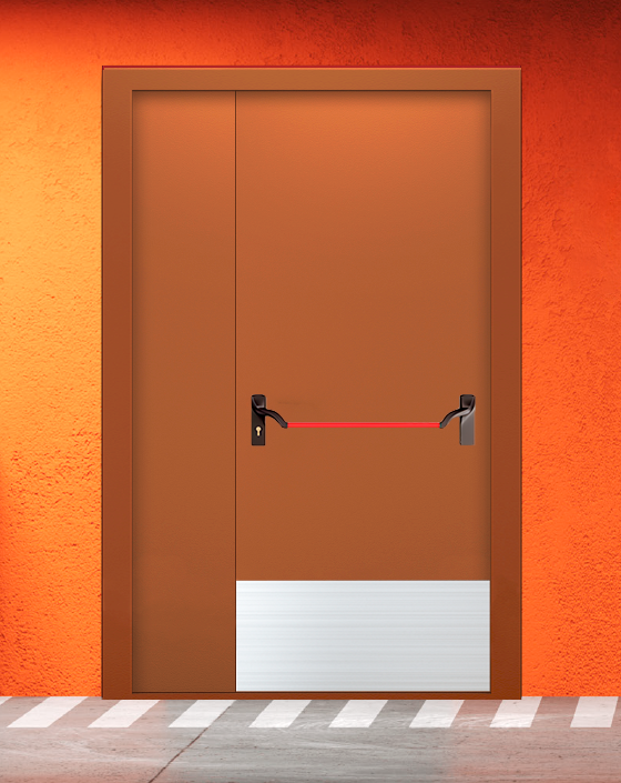 Противопожарная полуторная коричневая дверь EIS 60 без доводчика с ручкой антипаника, широким отбойником