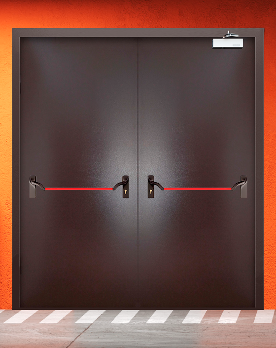 Противопожарная двупольная коричневая дверь порошковым напылением EIWS 60 с ручкой антипаника