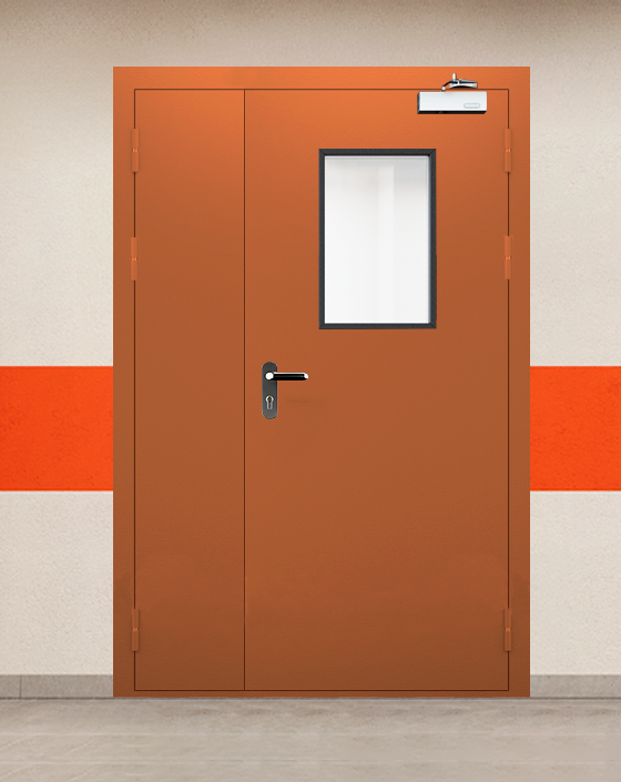 Противопожарная полуторная коричневая дверь EIS 45 с блестящей ручкой, прямоугольным окном