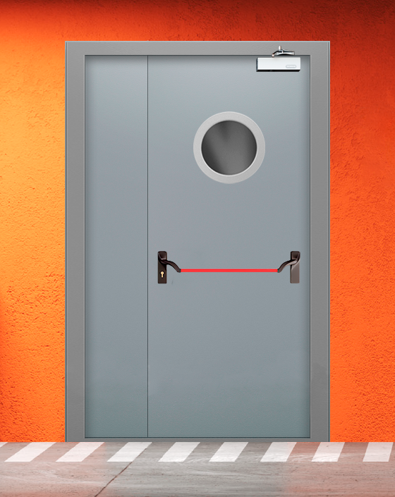 Противопожарная полуторная серая дверь EI 60 (2-го типа) с ручкой антипаника, круглым окном