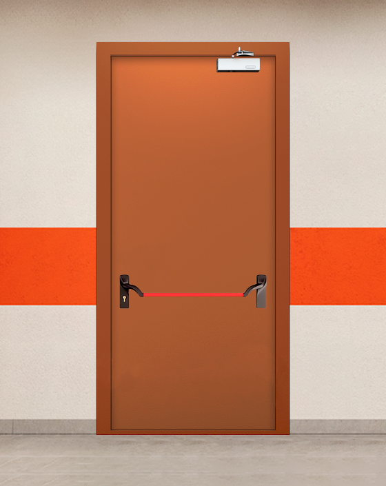 Противопожарная однопольная коричневая дверь EIW 60 с ручкой антипаника