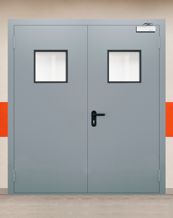 Противопожарная двупольная серая дверь EI-90 с квадратным окном