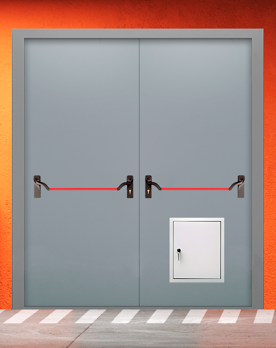 Противопожарная двупольная серая дверь EI 30 (3-го типа) без доводчика с ручкой антипаника, стыковочным узлом