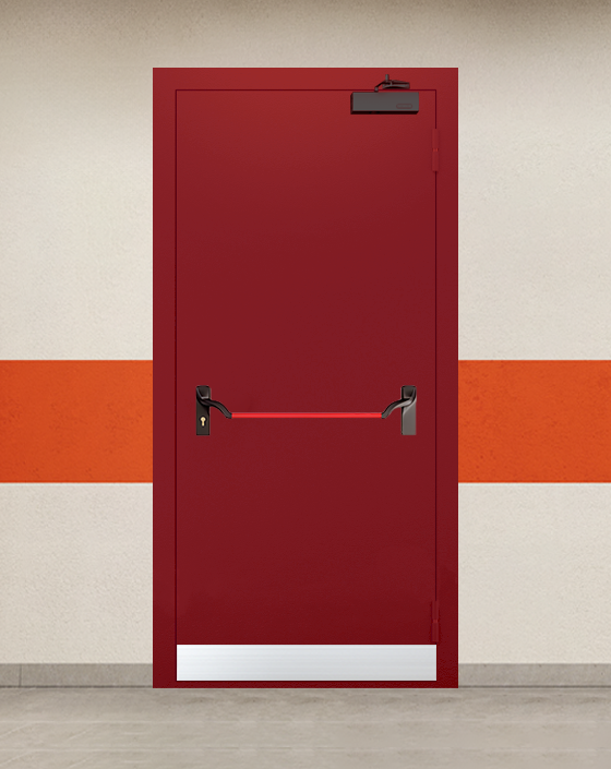 Противопожарная однопольная красная дверь EI 90 с ручкой антипаника, узким отбойником