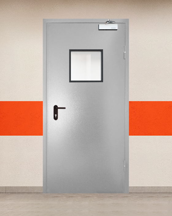 Противопожарная однопольная серая дверь порошковым напылением EI 45 с квадратным окном