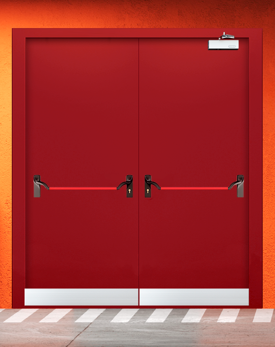Противопожарная двупольная красная дверь EIW 45 с ручкой антипаника, узким отбойником