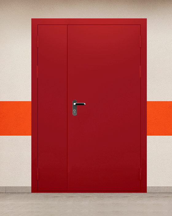 Противопожарная полуторная красная дверь EIWS 30 без доводчика с блестящей ручкой