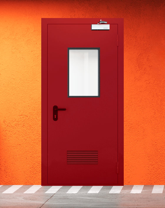 Противопожарная однопольная красная дверь EIW 45 с прямоугольным окном, прямоугольной решеткой