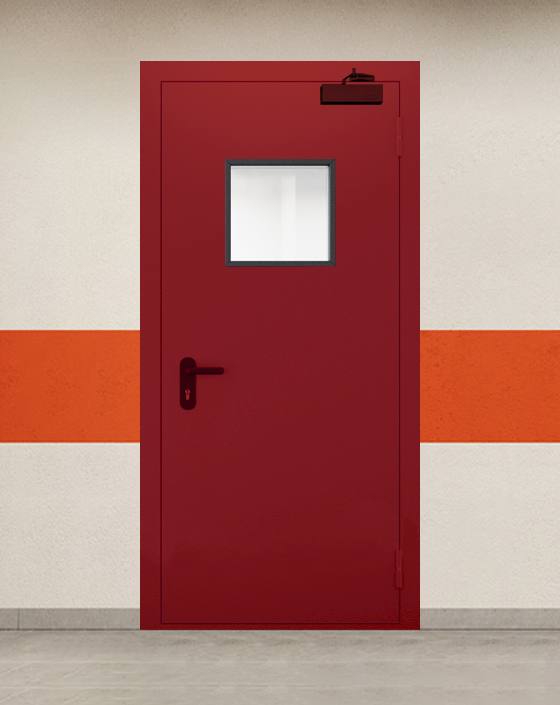 Противопожарная однопольная красная дверь EI 45 с квадратным окном