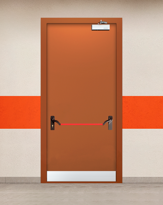 Противопожарная однопольная коричневая дверь EIW 60 с ручкой антипаника, узким отбойником