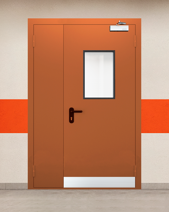 Противопожарная полуторная коричневая дверь EI 45 с прямоугольным окном, узким отбойником