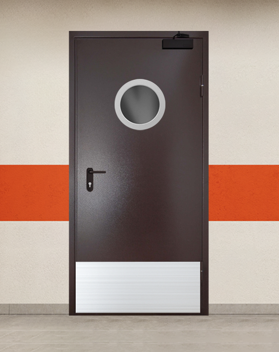 Противопожарная однопольная серая дверь порошковым напылением EI 90 с круглым окном, широким отбойником