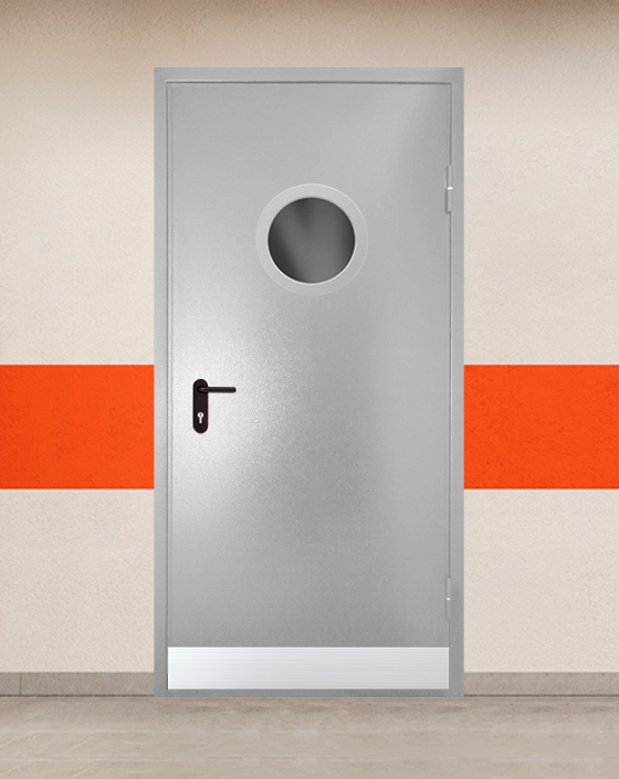 Противопожарная однопольная серая дверь порошковым напылением EI 45 с круглым окном, узким отбойником без доводчика