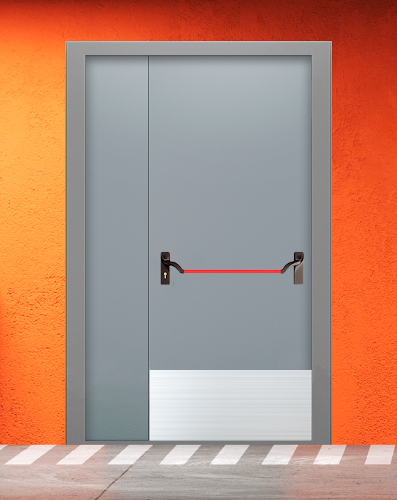Противопожарная полуторная серая дверь EI 60 (2-го типа) без доводчика с ручкой антипаника, широким отбойником