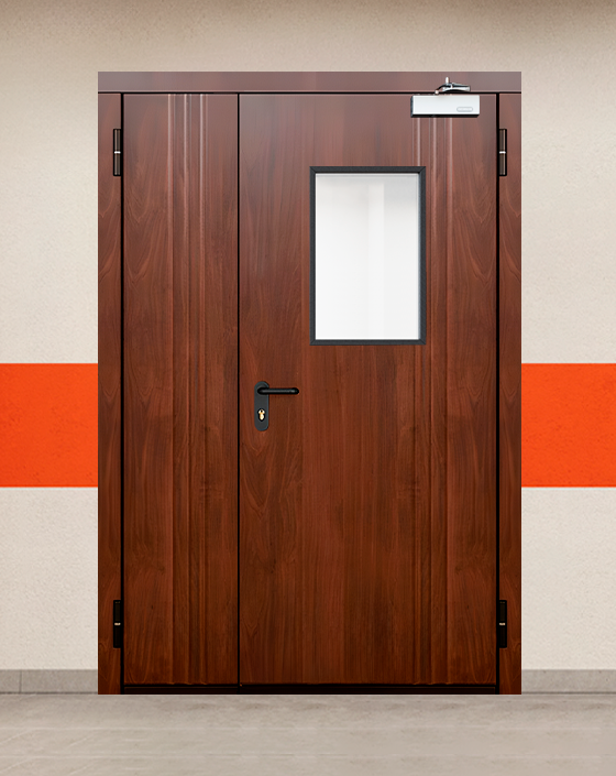 Противопожарная полуторная МДФ коричневая дверь с прямоугольным окном