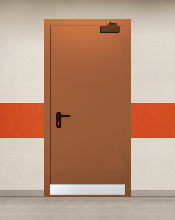 Противопожарная однопольная коричневая дверь EI 45 с узким отбойником