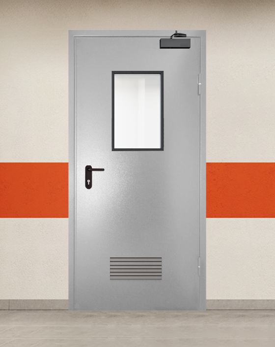 Противопожарная однопольная серая дверь порошковым напылением EI 90 с прямоугольным окном, прямоугольной решеткой