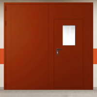 Ворота металлические двустворчатые красные с дверью и окном без доводчика