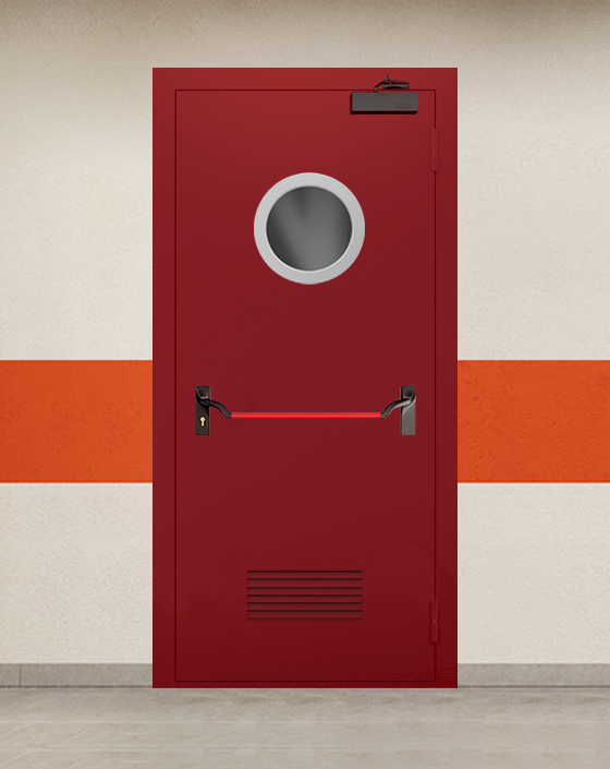 Противопожарная однопольная красная дверь EI 90 с ручкой антипаника, круглым окном, прямоугольной решеткой