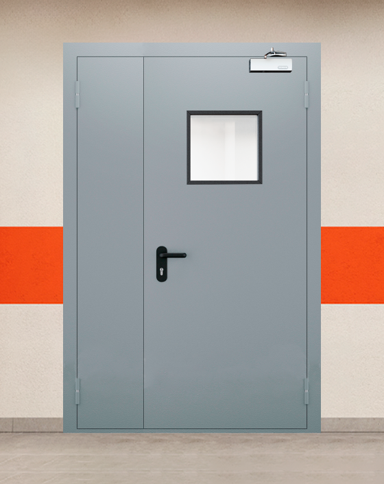 Противопожарная полуторная серая дверь EI 30 (3-го типа) с квадратным окном