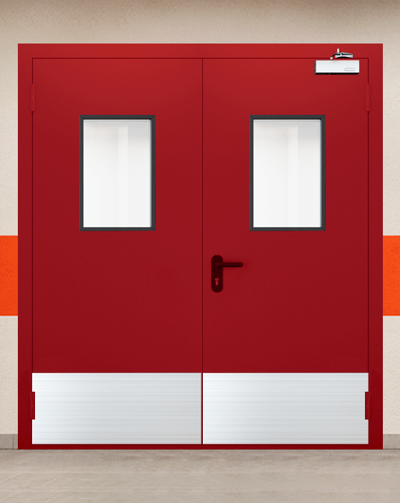 Противопожарная двупольная красная дверь EIWS 90 с прямоугольным окном, широким отбойником