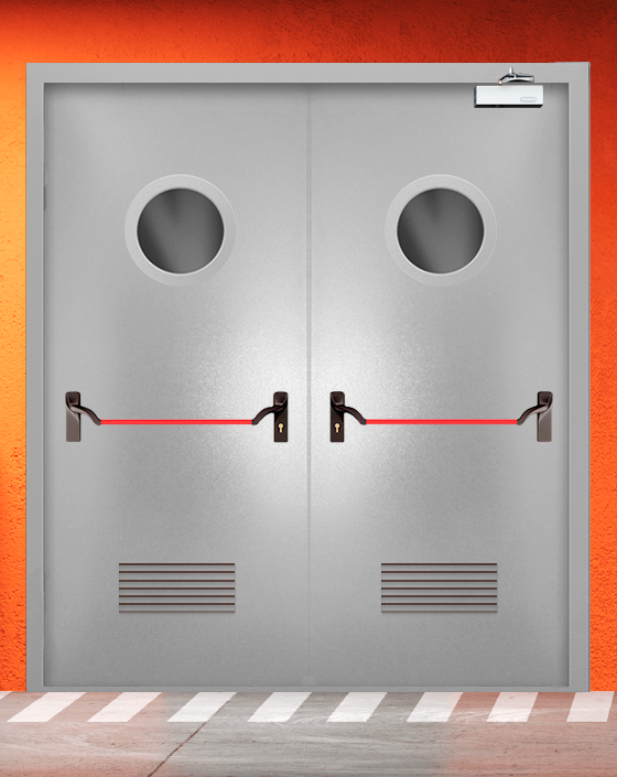Противопожарная двупольная серая дверь порошковым напылением EIS 30 с ручкой антипаника, круглым окном, прямоугольной решеткой