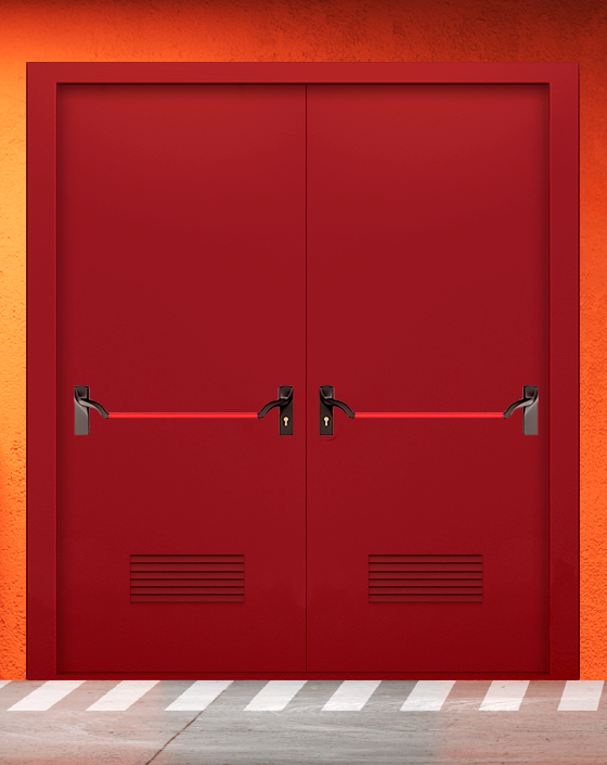 Противопожарная двупольная красная дверь EIW 45 без доводчика с ручкой антипаника, прямоугольной решеткой