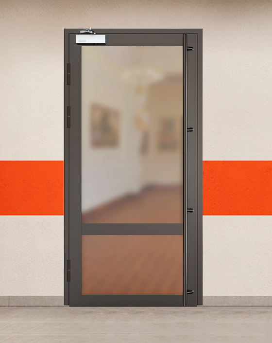 Противопожарная однопольная светопрозрачная стальная коричневая дверь EIW 30 с ручками скобами