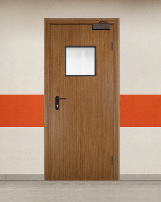 Противопожарная однопольная шпон серая дверь с квадратным окном