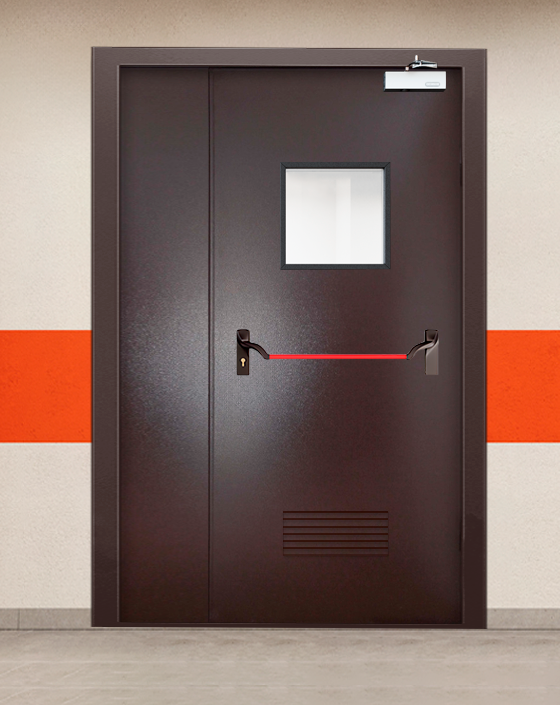 Противопожарная полуторная коричневая дверь порошковым напылением EIS 90 с ручкой антипаника, квадратным окном, прямоугольной решеткой