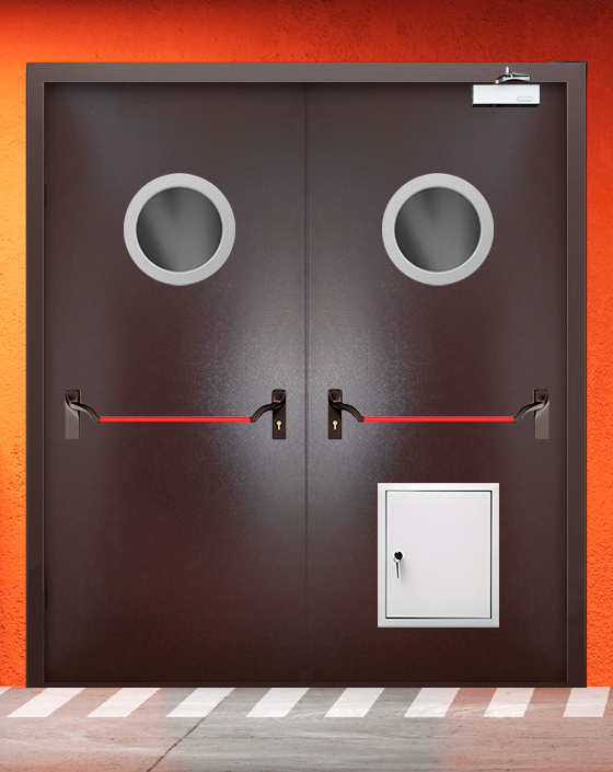 Противопожарная двупольная коричневая дверь порошковым напылением EIWS 60 с ручкой антипаника, круглым окном, стыковочным узлом