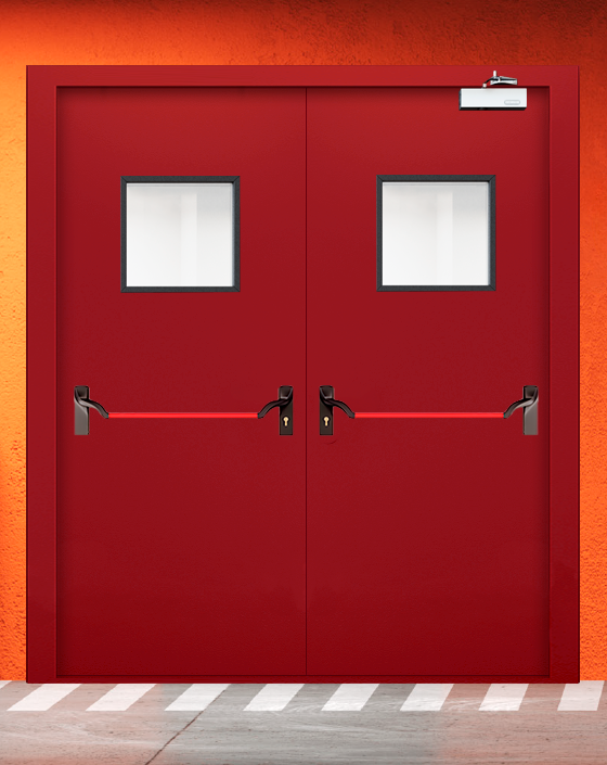Противопожарная двупольная красная дверь EIW 45 с ручкой антипаника, квадратным окном