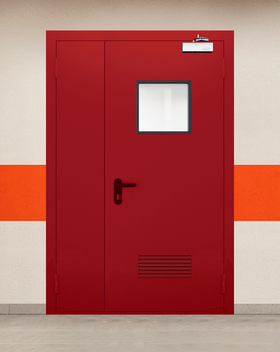 Противопожарная полуторная красная дверь EI 60 (2-го типа) с квадратным окном, прямоугольной решеткой