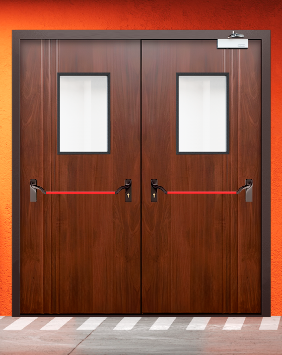 Противопожарная двупольная МДФ коричневая дверь с ручкой антипаника, прямоугольным окном