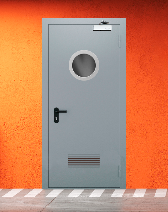 Противопожарная однопольная серая дверь EI 30 (3-го типа) с круглым окном, прямоугольной решеткой