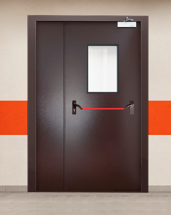 Противопожарная полуторная коричневая дверь порошковым напылением EIS 90 с ручкой антипаника, прямоугольным окном