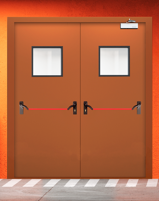 Противопожарная двупольная коричневая дверь EIS 60 с ручкой антипаника, квадратным окном