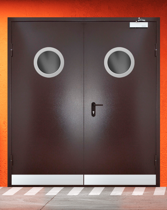 Противопожарная двупольная коричневая дверь порошковым напылением EIWS 30 с круглым окном, узким отбойником