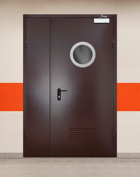 Противопожарная полуторная коричневая дверь порошковым напылением EIS 60 с круглым окном, прямоугольной решеткой