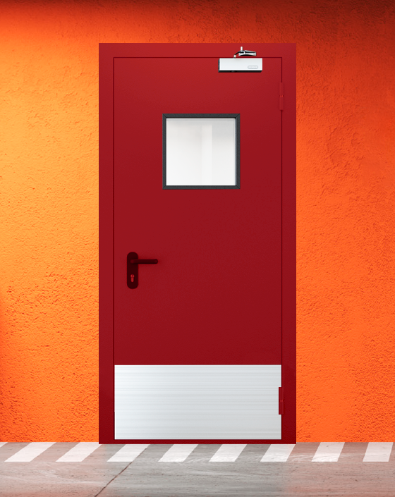 Противопожарная однопольная красная дверь EIW 45 с квадратным окном, широким отбойником