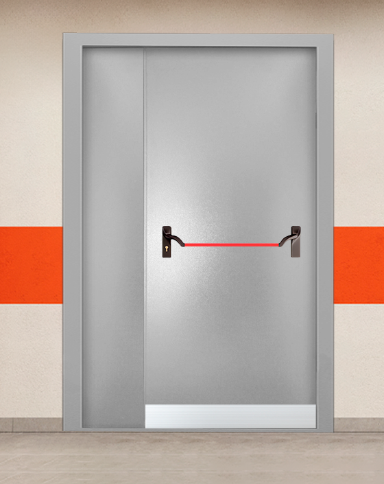 Противопожарная полуторная серая дверь порошковым напылением EI-90 без доводчика с ручкой антипаника, узким отбойником